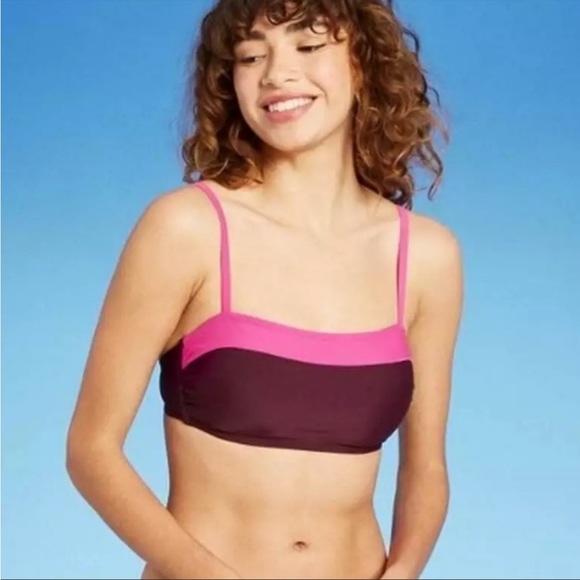 Kona Sol Burgundy Pink Colorblock Square Neck Bandeau Bikini Swim Top Sz Medium - Picture 2 of 10